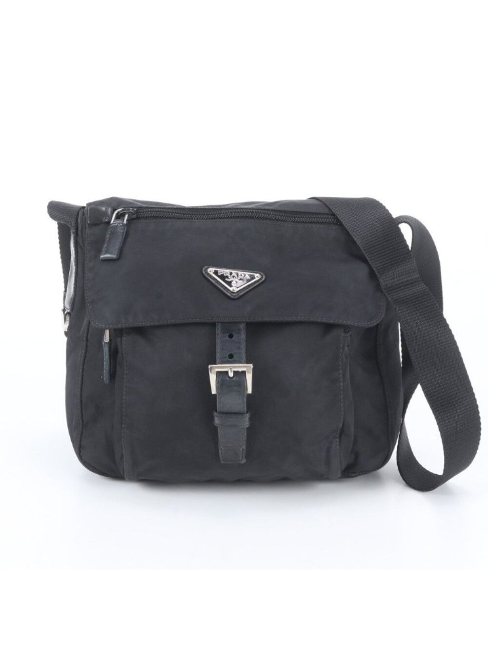 Prada Tessuto Nylon Triangle Logo Leather Shoulder Bag Crossbody Messenger Black